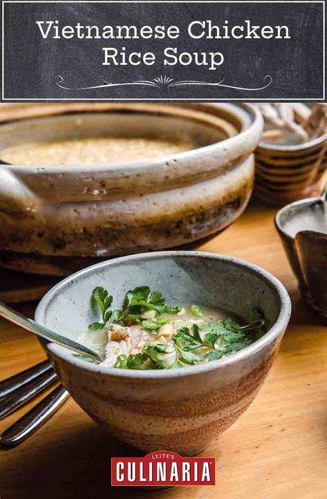 Vietnamese chicken rice soup is a quick and easy version of congee, a sensationally soothing southeast Asian elixir of rice, chicken broth, and ginger. #chickensoup #congee #soup Rice Chicken Broth, Vietnamese Chicken, Rice Soup Recipes, Chicken Rice Soup, Rice Chicken, Asian Soup, Rice Soup, Chicken Rice, Southeast Asian