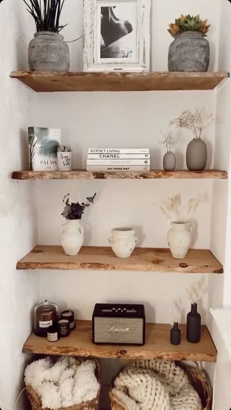 Wooden Shelves On Wall, Natural Wood Shelving, Rustic Floating Shelves Living Room, Different Interior Styles, Art Creative Ideas, Wood Shelves Living Room, Living Room Shelving, Wall Art Creative, Home Design Inspiration