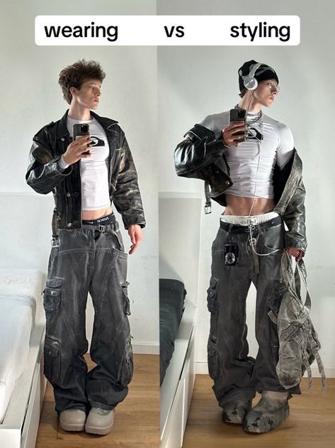 Cargo Fashion Men, Punk Outfits For Men, Layering Clothes Men, Tiktok Outfits Men, 2001 Mens Fashion, Y2k Fashion Mens, Long Leather Jacket Outfit Men, Men Black Leather Jacket Outfit, Stylish Guy Outfits