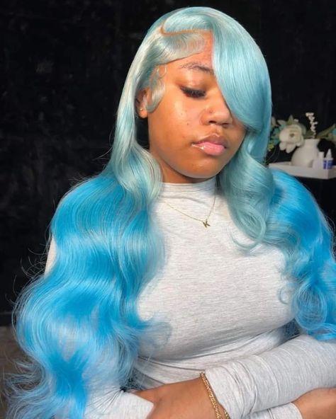 so cuteee 🩵 Light Blue Wig Install, Light Blue Wigs For Black Women, Light Blue Lace Front Wig, Wig Hairstyles Black Women, Light Blue Wig, Ice Blue Hair, Pretty Wig, Blonde And Blue Hair, Birthday Hair Ideas