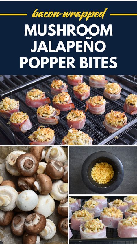 Four image collage of bacon-wrapped smoked mushroom jalapeno bites. Smoked Stuffed Mushrooms, Smoked Appetizers, Easy Barbecue Recipes, Popper Bites, Jalapeno Popper Bites, Barbecue Recipe, Mushrooms Stuffed, Jalapeño Poppers, Wrapped In Bacon