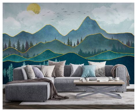 Cloud Bedroom, Kids Room Wall Murals, Mountain Wall Mural, Sun Wallpaper, Kindergarten Wallpaper, Mountain Mural, Mountain Nursery, Floral Bedroom, Green Nursery