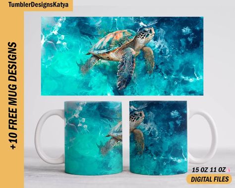 Blue Coffee Cup, Turtle Mug, Beach Mug, Blue Coffee Cups, Tassen Design, Mug Template, Blue Coffee, Mug Wrap, Sublimation Mugs