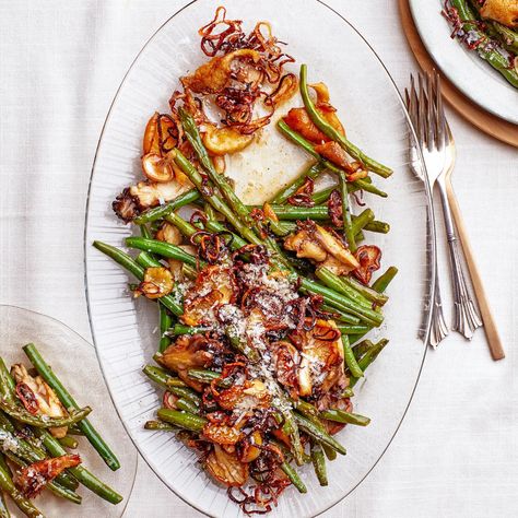 Green Beans and Mushrooms With Crispy Shallots Recipe | Bon Appétit Brown Butter Green Beans, Mushroom And Green Beans, Greek Beans, String Beans Recipe, Green Beans With Mushrooms, Good Green Bean Recipe, Green Beans And Mushrooms, Shallots Recipe, Nutritious Eating