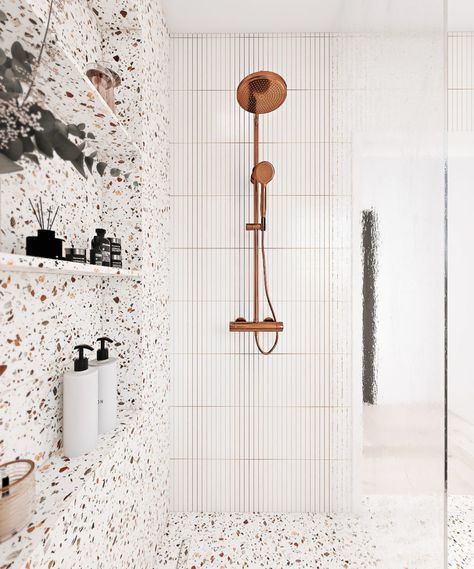 Small terrazzo Bathroom | JuniperOats Studio Terrazzo Bathroom Design, Bathroom Terrazzo, Wabi Sabi Bathroom, Terrazzo Bathroom, Student Apartment, Copper Hardware, Terrazzo Tile, Custom Vanity, Minimalist Interior Design