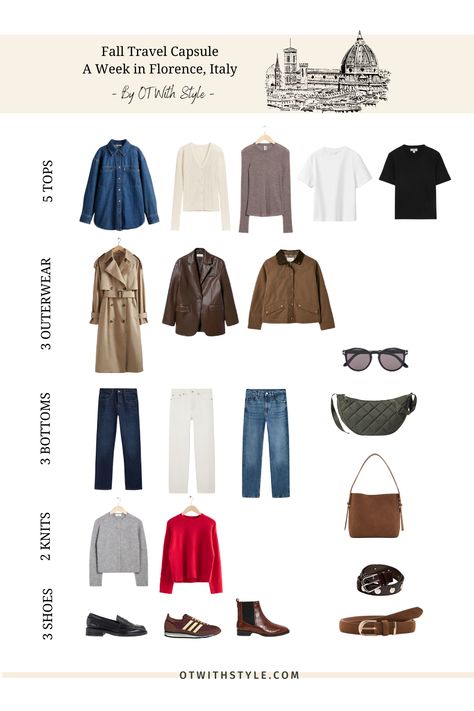 What to pack for a one-week trip to Florence and Tuscany this fall? Pack a travel capsule wardrobe in a classic casual style for a fall vacation in Italy with me. Europe Fall Travel Outfits Packing Light, Packing For Europe In Fall, What To Wear In Italy In October, Italy In September Outfits, Travel Outfit Fall, Italy In The Fall, Italy Outfits Fall, Spring Travel Capsule, What To Pack For Paris