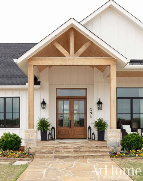 All Together Now - At Home in Arkansas Gable Front Porch Addition, Front Porch With Posts, Cottage Entrance Exterior, Farm Style House Exterior, Ranch Style Front Porch Ideas, Front Door Gable, Front Porch Addition On Ranch House, Exterior Entrance Design, Front Porch Gable