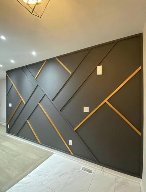 3d Feature Wall Ideas, Geometric Slat Accent Wall, Natural Wood Accent Wall Living Room, Gold And Black Accent Wall, Accent Wall With Lighting, Accent Wall With Gold Lines, Panaling Designs Bedroom, Geometric Tv Wall Design, Black And Gold Accent Wall Bedroom