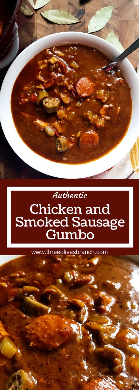 Straight from NOLA, this Authentic Chicken and Smoked Sausage Gumbo is a cold weather staple in our house. Smoky flavors will make this a favorite when you are craving soup or stew. Whether you make it spicy or mild, it is great for game day! | Three Olives Branch | www.threeolivesbranch.com #mardigras #gumbo Chicken And Smoked Sausage, Sausage Gumbo, Cajun Dishes, Cajun Cooking, Gumbo Recipe, Creole Recipes, Cajun Recipes, Southern Cooking, Smoked Sausage