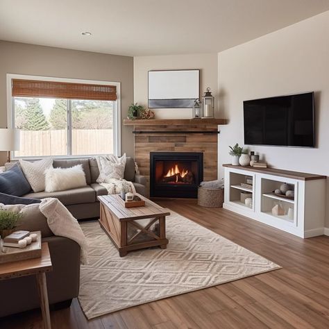 Small Living Room With Fireplace In Corner, Angled Fire Places Ideas Living Room, Living Rooms With A Corner Fireplace, Living Room Diagonal Fireplace, Furniture For Corner Fireplace, Corner Fireplace Freestanding, Apartments With Fireplaces, Corner Fireplace With Wood Mantle, Sectional Couch Corner Fireplace