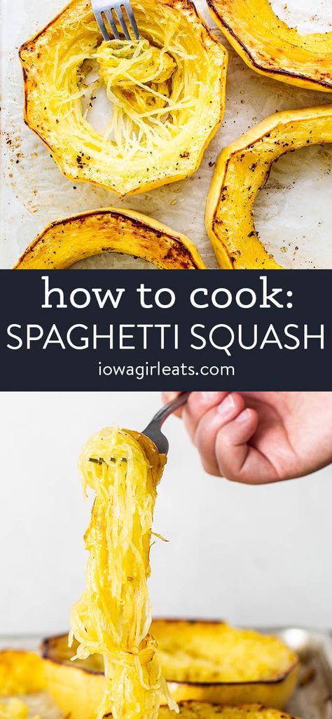 How to cook spaghetti squash for long and tasty strands that can be used in a variety of spaghetti squash recipes! iowagirleats.com  how to cook spaghetti squash, spaghetti squash, how long to cook spaghetti squash, cooking spaghetti squash, spaghetti squash recipes Bake Spaghetti, Squash In Oven, Perfect Spaghetti, Cook Spaghetti Squash, Squash Bake, Cooking Spaghetti Squash, Baked Spaghetti Squash, Iowa Girl Eats, Spaghetti Squash Recipes