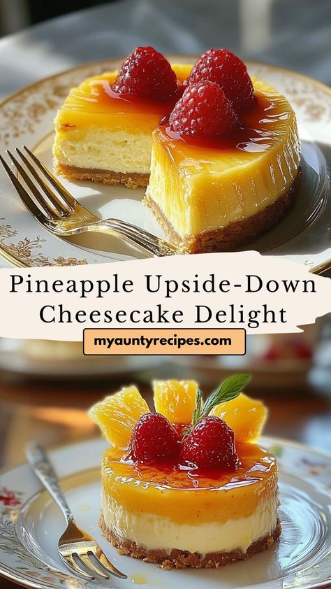 Enjoy a twist on a favorite with this Pineapple Upside-Down Cheesecake! A soft cheesecake layer meets sweet pineapple rings and cherries for an irresistible dessert. Bring a slice of tropical bliss to your next party! Pineapple Cheesecake Bars, Mini Upside Down Pineapple Cheesecake, Pineapple Upside Down Cheesecake Recipe, No Bake Pineapple Cheesecake, Soft Cheesecake, Pineapple Upside Down Cheesecake, Deserts With Cream Cheese, Upside Down Cheesecake, Cheesecake Delight