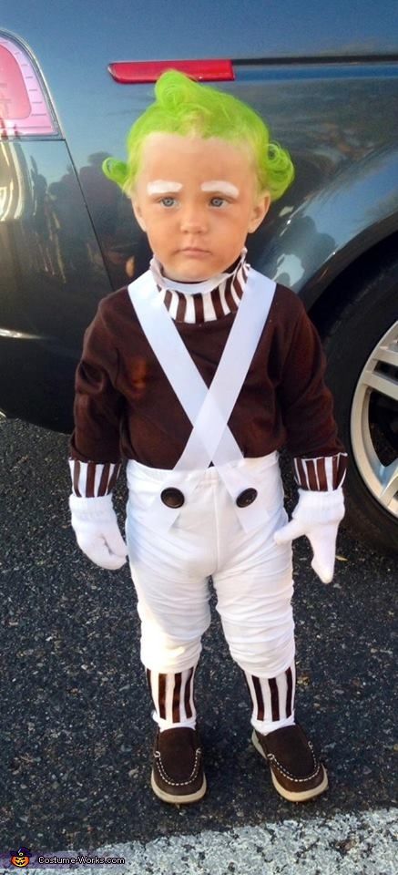 Whitley: This is my son Teagan, who was an Oompa Loompa from the classic movie, 'Willy Wonka and the Chocolate Factory'. My younger brother actually gave me the idea, because Teagan... Diy Oompa Loompa Costume Kids, Willie Wonka Halloween Costumes, Charlie And The Chocolate Factory Family Costume, Willy Wonka Costume Family, Oompa Loompa Costume Toddler, Willy Wonka And Oompa Loompa Costume, Willy Winks Family Costume, Willy Wonka Characters Costumes, Baby Oompa Loompa Costume