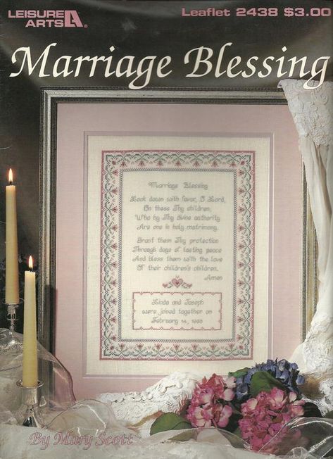 This is a Vintage 1993 Leisure Arts Cross Stitch Pattern Leaflet titled Marriage Blessing. Make a wedding gift that will become an heirloom! Designed by Mary Scott. Includes a full color chart and alphabet sampler. Stitch count 151wx205h. Book is in great like new condition. No tears, marks or Wedding Sampler Cross Stitch, Marriage Blessing, Wedding Sampler, Cross Stitch Sampler Patterns, Wedding Cross Stitch Patterns, Sampler Cross Stitch, Wedding Cross Stitch, Wedding Cross, Cross Stitch Samplers