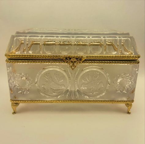 Antique, Large, French, Crystal Casket, Jewelry Box, Hinged Lid, Footed, 7” X 4” *Casket is unique because it features carved birds. It’s heavy, large, and in excellent condition. ($850 +📦) Comment SOLD or ebay & etsy Carved Birds, Jewelry Casket, Hinged Lid, Crystal Jewelry, Jewelry Box, Carving, Birds, Crystals, Quick Saves