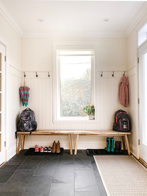 Mudroom Off Dining Room, Breeze Way Mudroom, Temporary Mudroom Ideas, Mudroom Around Window, Enclosed Mudroom Porch, Enclosed Porch Mudroom Ideas, Mudroom In Kitchen Entrance, Mudroom Built Ins Around Window, Adding Mudroom To Front Of House