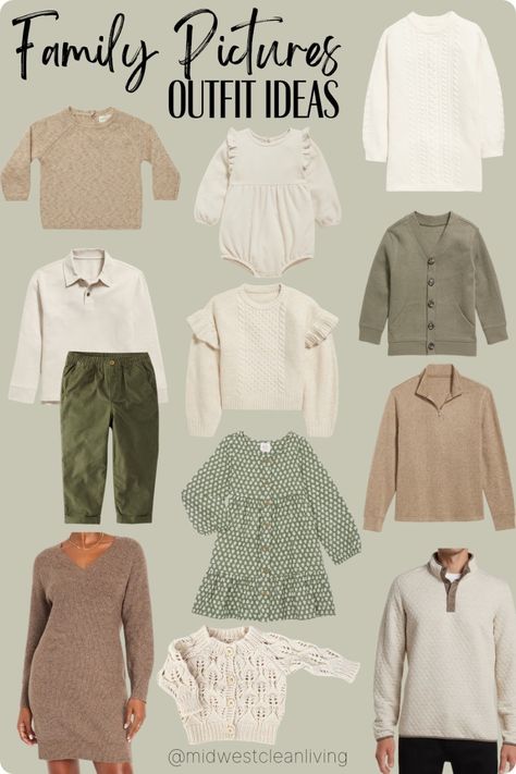 Christmas Neutral Outfits, Sage Green Family Picture Outfits, Green Family Photo Outfits, Color Scheme Family Photos, Thanksgiving Outfit Family, November Photoshoot, Holiday Family Pictures, Sage Green Outfit, Simple Christmas Outfits