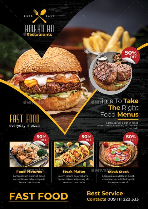 Menu Design For Restaurant, Fastfood Menu Designs, Fliers Design Flyers Food, Food Images Design, Restaurant Posters Design, Graphic Design Samples, Menue Design Ideas Creative, Restaurant Banner Design Ideas, Advertising Design Food