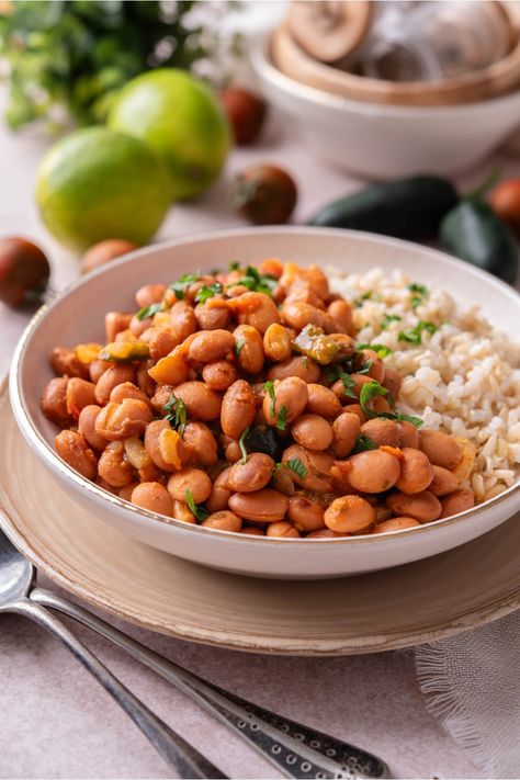 Mexican Beans, Mexican Beans Recipe, Mexican Tater Tot Casserole, Mexican Pinto Beans, Pinto Bean Recipes, Cowboy Beans, Mexican Chicken Casserole, Chorizo Recipes, Seasoned Veggies