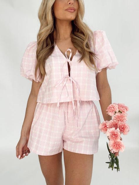 Picnic Posh Shorts Pajamas Sets, Matching Shorts, Short Set, Shorts Set, Puff Sleeve, Knee Length, Two Piece, Lounge, Plaid