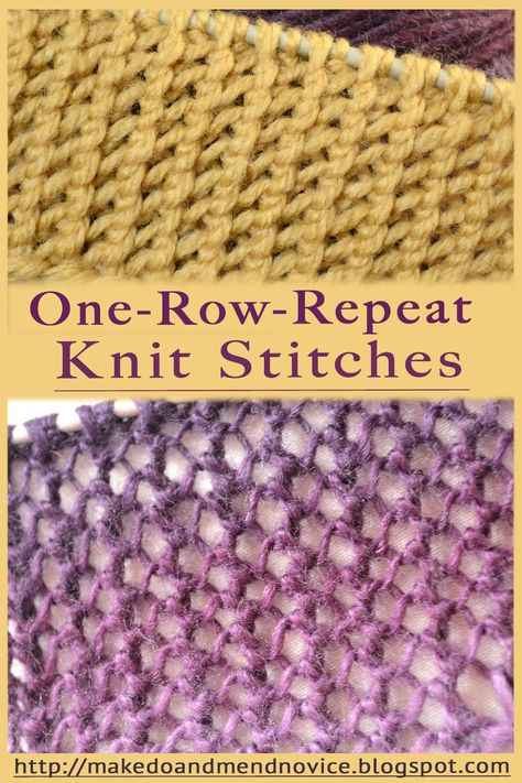 One-row-repeat knit stitches. #knitting #freepattern #knitstitch #knitstitches #knit #knittingtutorial #knittinghowto #knittingpattern #knittutorial #tutorial #stitchpattern #easyknits #beginnerknitter #beginnerknits #beginnerknitting #howto #knitandpurl #knitandpurlstitches 2 Row Knitting Pattern, Easy Knitting Stitches Free, Simple Knit Stitch Patterns, Two Row Knitting Patterns, One Row Knitting Patterns, Loose Knitting Stitches, Open Knit Stitch, Two Row Repeat Knitting Patterns, One Row Repeat Knitting Patterns