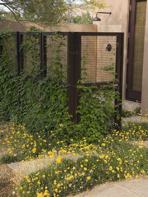 “L-shaped screen that doubles as a trellis for climbing vines. The wire mesh panels are fabricated with industrial screening, available in a wide array of gauges. Metal posts hold the panels, and everything has been allowed to weather naturally.” Lighting House, Living Pool, Trellis Fence, Contemporary Stairs, Screen Plants, Bathroom White, Desain Lanskap, Deco Nature, Wooden Pergola