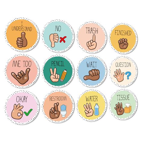 PRICES MAY VARY. WAHT YOU WILL GET: You will get 12pcs classroom hand signal posters, each is in different designs, and also have 60pcs glue point for you to stick. BOHO DESIGN: These hand signals set features pastel boho colors, is decorated with white and black dots, and is friendly to hearing-impaired students, ensuring effective communication for all. ENHANCE ENGAGEMENT: With detailed graphics and text explanations, fostering a harmonious environment and improving student engagement. PREMIUM Classroom Hand Signals, Teaching Classroom Decor, Hand Signals, Teacher Signs, Bulletin Board Decor, Boho Designs, Sign Language, Student Engagement, Effective Communication