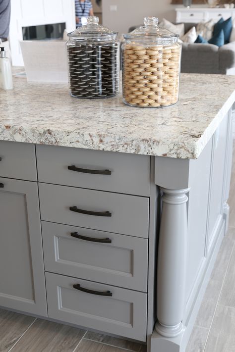 Gray Kitchen Island, Replacing Kitchen Countertops, Grey Kitchen Island, French Country Kitchens, Gray Kitchen, Modern French, New Kitchen Cabinets, Kitchen Cabinets Makeover, Granite Countertops Kitchen