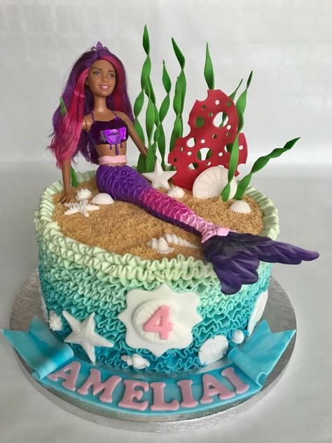 Mermaid Cake Barbie, Mermaid Doll Cake Ideas, Mermaid Cake With Doll, Barbie Mermaid Cake, Mermaid Barbie Cake, Mermaid Doll Cake, Pink Birthday Cake Ideas, Barbie Themed Cake, Cake Barbie