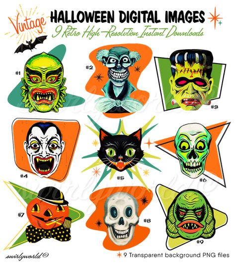 We’re thrilled to offer a Spooktacular collection of ultra-rare vintage Halloween images! Choose from an array of Fangtastic authentic retro designs featuring a delightful mix of kitschy vintage Halloween illustrations from the 1940s, 1960s, 1970s, and 1980s. Each digital image has been expertly remastered, preserving Vintage Halloween Masks Retro, Mid Century Halloween Illustrations, Vintage Halloween Diecut, Midcentury Modern Halloween, Vintage Halloween Monsters, Retro Thanksgiving Images, Vintage Halloween Stickers, Simple Halloween Designs, Graphic Challenge