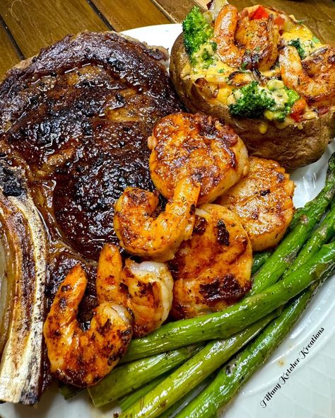 Health Chicken Recipes, Potato Asparagus, Bacon Shrimp, Cowboy Ribeye, Shrimp Asparagus, Loaded Potatoes, Shrimp Scallops, Aesthetic Foods, Loaded Baked Potato