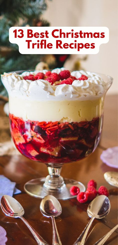 Highlights a festive dessert Christmas trifle. It features a classic Christmas trifle layered with fresh raspberries, custard, whipped cream, and colorful sprinkles in a clear glass bowl. The background includes holiday decor, emphasizing its suitability for Christmas celebrations, perfect for dessert ideas. Trifle Custard Recipe, Trifle Ideas, Fruit Trifle Recipes, Gingerbread Trifle, Christmas Trifle Recipes, Trifle Recipes Easy, Fruit Trifle, Christmas Trifle, Trifle Recipes