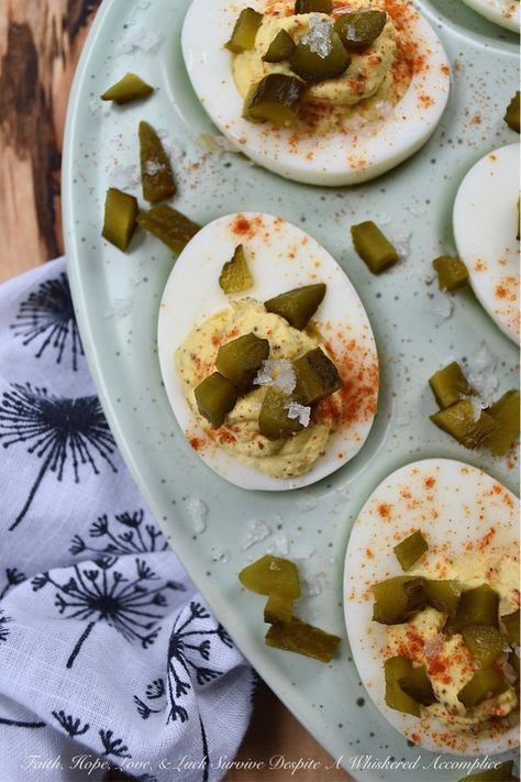 Southern Sweet Pickle Deviled Eggs - Southern sweet pickle deviled eggs are a great choice for any occasion, whether you're in need of a quick snack, a side dish, or perhaps an appetizer to start off a meal. The combination of mayonnaise, pickle juice, and dry mustard creates a tangy and savory flavor that is perfectly balanced with a touch of sweetness. And, the garnish of diced sweet pickle, paprika, and flaky sea salt adds just the right hint of flavorful salty sweetness to make these deviled Pickle Deviled Eggs, Deviled Egg Platter, Deviled Eggs Recipe, Quick Snack, Sweet Pickles, Pickle Juice, Dry Mustard, Food Journal, Quick Snacks