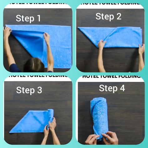 4 steps to folding a towel in a roll How To Fold Wash Cloths, Hotel Towel Folding, Folding Washcloths, Folding Linen, Fold Hand Towels, Folding Towels, How To Roll, Diy Bird Bath, How To Roll Towels