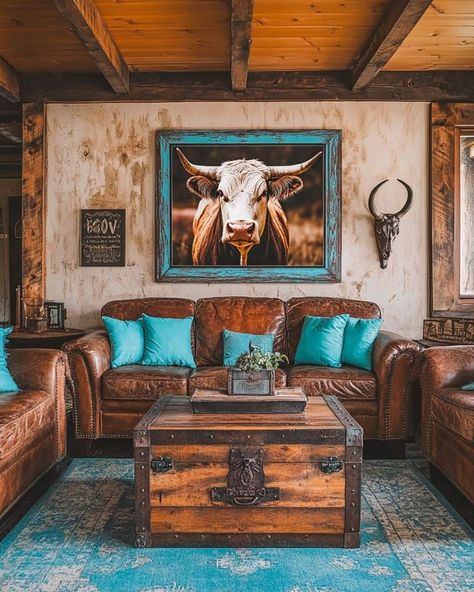 Southwestern Living Room Ideas, Western Living Room Ideas, Turquoise Living Room, Cowhide Rug Living Room, Rustic Living Room Ideas, Western Living Room Decor, Western Farmhouse, Western Living Room, Living Room Turquoise