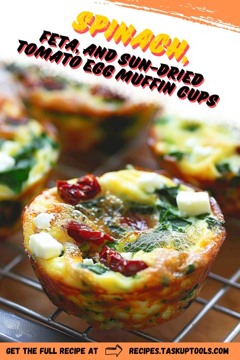 Discover the perfect breakfast solution with these Spinach, Feta, and Sun-Dried Tomato Egg Muffin Cups! This pin offers a recipe thats easy to follow, healthy and delicious. Packed with protein-rich eggs, nutrient-dense spinach, tangy feta, and flavorful sun-dried tomatoes, these muffin cups are perfect for meal prep or brunch gatherings. Enjoy savory bites of Mediterranean-inspired goodness in a quick and convenient muffin form. Say goodbye to mundane breakfast choices and pin Spinach Feta Sundried Tomato Egg Cups, Muffin Egg Bites, Sun Dried Tomato Recipes, Breakfast Egg Bites, Muffin Cups Recipes, Egg Muffin Cups, Tomato Egg, Spinach Muffins, Savory Bites