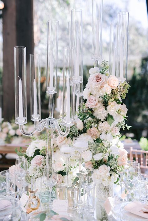 Blush And White Tall Centerpiece Wedding, Ivory Centerpieces, Ashton Gardens, Candelabra Centerpiece, Tall Wedding Centerpieces, Inside Weddings, Punta Cana Wedding, White And Pink Roses, Malibu Wedding