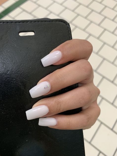 White Nails With Jewels, Natural White Nails, Acrylic Ballerina Nails, White Nails With Gems, Nails With Gems, Pale Nails, White Coffin Nails, White Acrylic Nails, Short Square Acrylic Nails