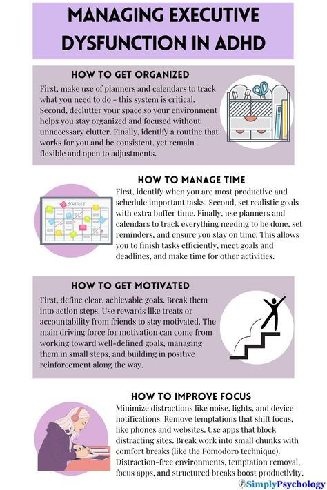 Executive dysfunction refers to difficulties in organizing, planning, managing time, staying focused, and regulating emotions and behavior. It is commonly associated with ADHD but can also occur in other neurological conditions. Individuals with executive dysfunction often struggle with starting and completing tasks, setting goals, and maintaining productivity in daily life. Strategies like using planners, breaking tasks into smaller steps, and minimizing distractions can help manage symptoms. How To Help Executive Dysfunction, Executive Dysfunction Help, Executive Disfunction Hack, Executive Dysfunction Adults, How To Deal With Executive Dysfunction, Executive Dysfunction Cleaning, Executive Dysfunction Tips, Executive Dysfunction Hacks, Regulating Emotions