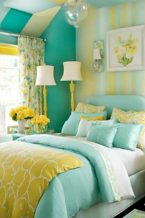 Mint Color Room, Teal And Yellow Bedroom, Yellow Kids Bedroom, Bedroom Wall Colour Combination, Yellow Decor Ideas, Bright Bedrooms, Yellow Bedroom Ideas, Mint Green Rooms, Colorful Rooms