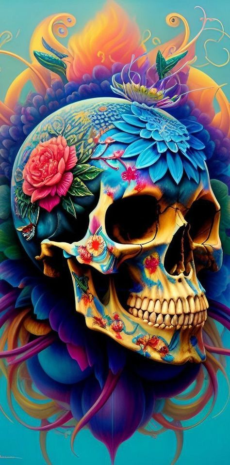 Skull Artwork Illustrations, Sugar Skull Wallpaper, Colorful Skull Art, Images Emoji, Sugar Skull Artwork, Diy Skulls, Skull Art Drawing, Halloween Floral, Skull Pictures