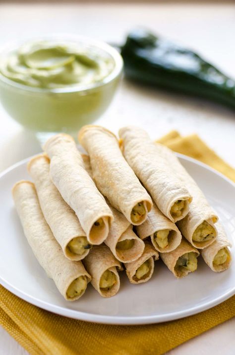 Mashed Potato and Poblano Flautas (Salud, Vegan Mexican Cookbook) Mashed Potato Flautas, Chevys Flautas Recipe, Black Bean Sweet Potato Flautas, Potato And Cheese Flautas, Potato Flautas, Vegan Flan, Vegan Tamales, Mexican Cookbook, Vegan Potato Recipes