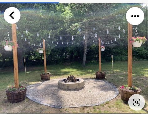 Outside Twinkle Lights Backyards, Outdoor Fire Pit Decorating Ideas, Backyard Fire Pit Swings, Fire Pit Ideas Backyard With Lights, Metal Firepits Backyard Ideas, Bone Fire Ideas Outdoor, Diy Fire Pit Backyard, Fire Pit Lights Ideas, Simple Diy Fire Pit Area