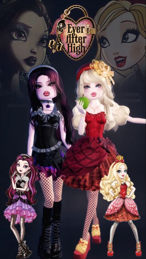 Dress to impress fits for Raven Queen and Apple White from Ever After High [made by m1.chal_ and valerie_khomyak] Raven Queen Dress To Impress, Apple White Dress To Impress, Ever After High Dti Outfits, Mad Hatter Ever After High, Raven Dress To Impress, Ever After High Shoes, Ever After High Dress To Impress, Dress To Impress Aesthetic, Ever After High Outfits