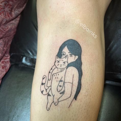 blackwork girl with cat shin tattoo Traditional Tattoo Girls, Tattoo Lily, Sock Tattoo, Watercolour Tattoo, Shin Tattoo, Girl With Cat, Cat Hug, Tattoos Designs, Girls With Glasses