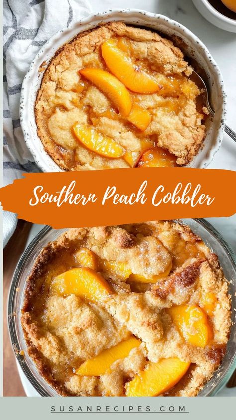 Golden, bubbly, and brimming with peachy goodness—this cobbler will be the star of any dessert table! 🍑⭐ #SweetAndSimple #PeachyKeen #SouthernSweets Healthy Peach Cobbler Recipe, Southern Living Peach Cobbler Recipe, Peach Dessert Bars, Peach Cobbler Canned Peaches Recipes, Frozen Peach Cobbler Recipe, Desserts With Peaches, Peach Recipes Dessert, Easy Cobbler Recipe, Southern Peach Cobbler Recipe