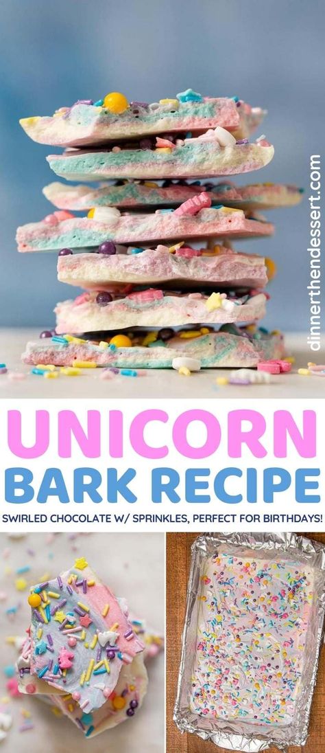 Unicorn Bark is a fun 4-color chocolate treat with sweet pastel rainbow colors and sprinkles. #dessert #party #partyfood #partydessert #bark #chocolatebark #birthdayparty #dinnerthendessert Unicorn Bark Recipe, Chocolate Bark Candy, Unicorn Bark, Bark Candy, Unicorn Party Food, Unicorn Desserts, Unicorn Sprinkles, Magical Party, Unicorn Themed Birthday Party