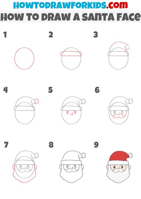 How To Draw A Santa Face, Santa Claus Drawing Easy Step By Step, Santa Faces To Paint Simple, How To Draw Santa Claus Step By Step, Simple Santa Drawing, How To Draw Christmas, Easy Santa Drawing, Santa Claus Drawing Easy, Christmas Drawing Easy