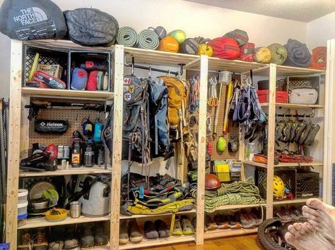 The longer we look the more details and gear we see. @markschatz_bzn put in some serious thought and work to this most comprehensive gear… | Instagram Gear Storage Wall, Gear Room Organization Small Spaces, Gear Storage Room, Gear Storage Ideas, Gear Room Organization, Gear Room Ideas, Outdoor Gear Organization, Outdoor Gear Storage, Gear Garage