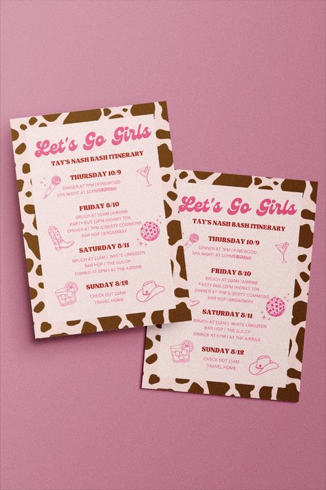 Let's Go Girls! The perfect cowgirl bachelorette itinerary is here with this easy to edit template! 

Quickly get access, edit, and send to a printer (or share it via email or text!). Lets Go Girls, Bachelorette Itinerary, Bar Hopping, Cowgirl Bachelorette, Bachelorette Ideas, Spa Night, Nashville Bachelorette, Edit Template, Party Bus